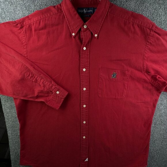 VTG Ralph Lauren Polo Bear Logo Combed Cotton Button Up Shirt Men Red Heavy Soft - Picture 3 of 16